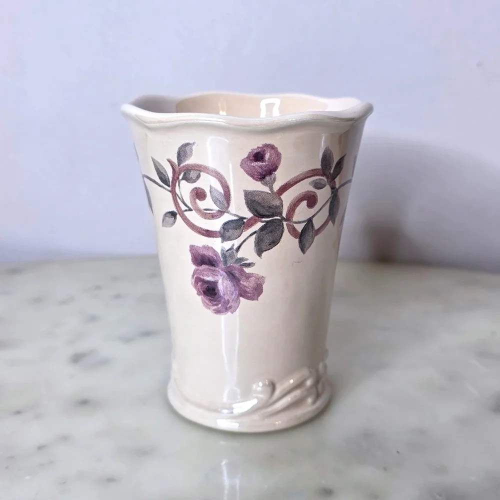 Croscill China Floral Rose Ceramic Toothbrush Tumbler Cup Beige Cassis Chambord